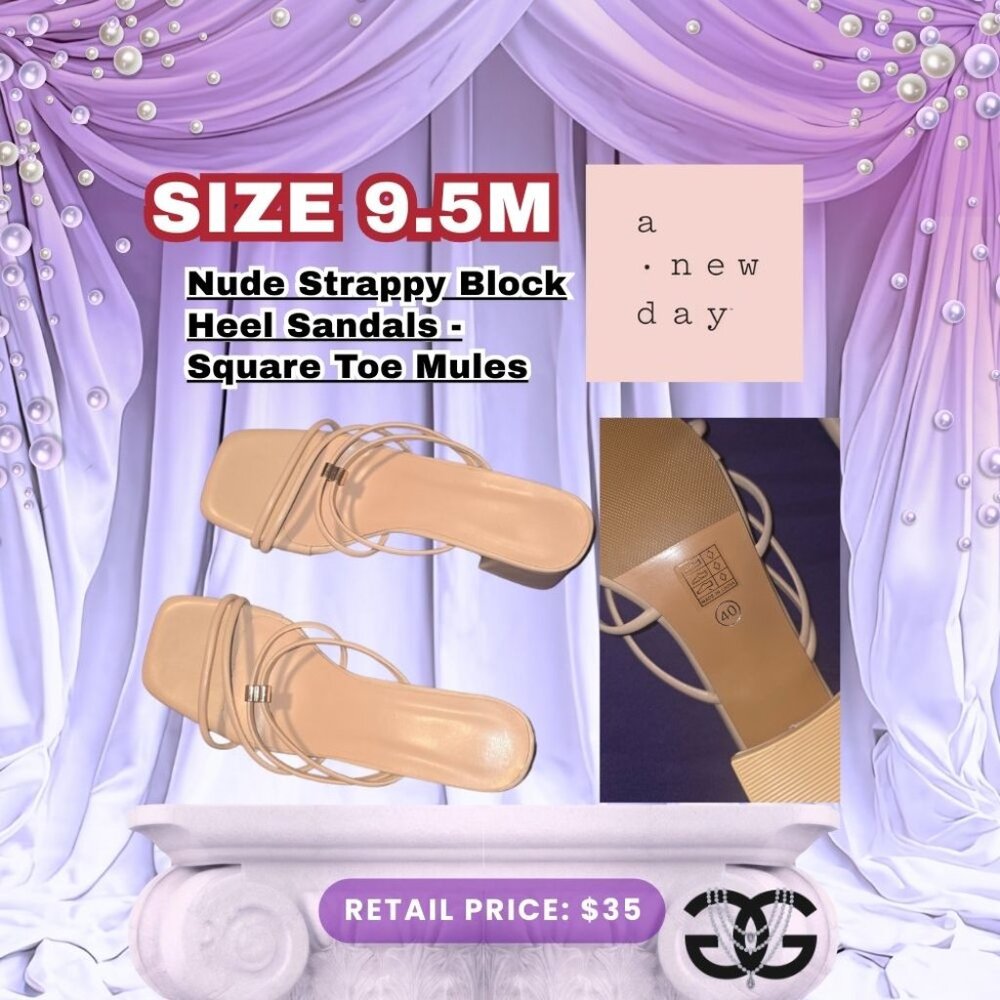 Nude Strappy Block Heel Sandals - Square Toe Mules - Size EU 40 (US 9)